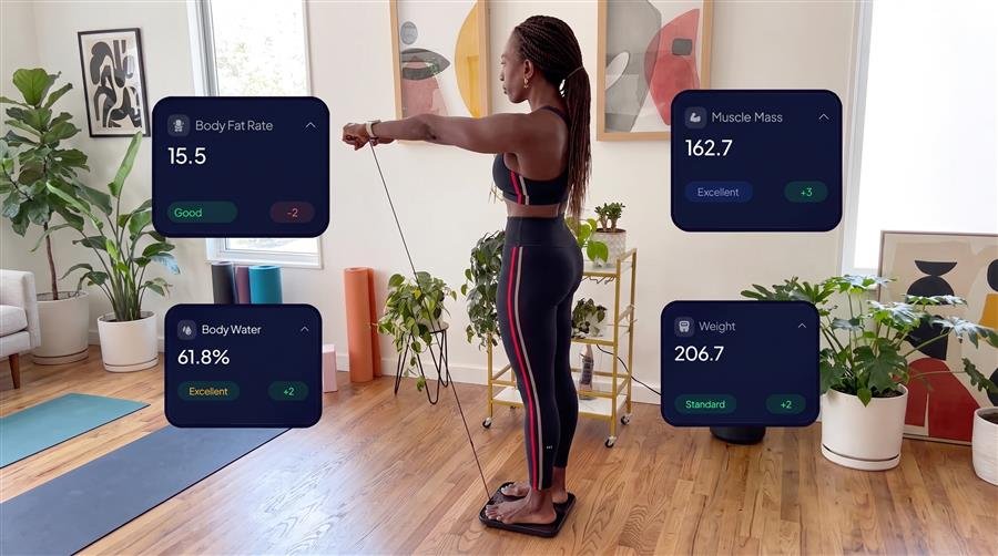 Live scan overlay showing body fat rate, muscle mass, body water and weight readings from Hume Body Pod