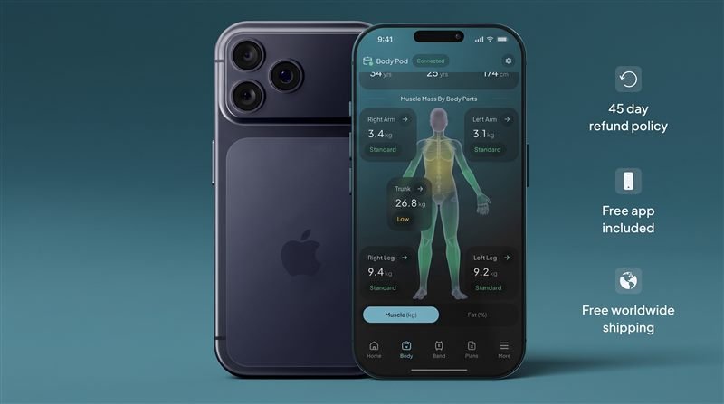 Hume app screen showing muscle mass by body part after a Body Pod scan