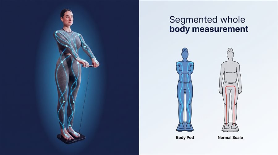 Comparison showing Hume Body Pod's full segmented body measurement versus a normal scale